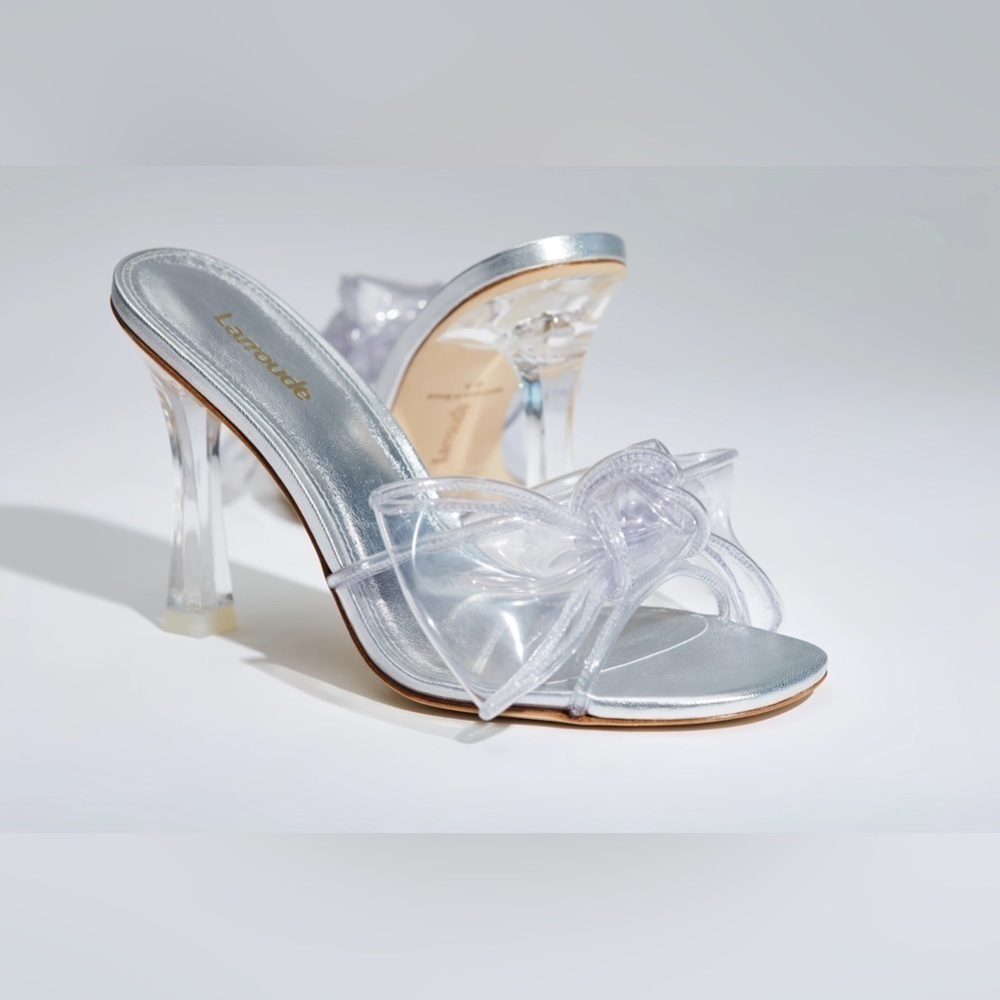 Larroudé Mariah Mule Heels - Silver w Vinyl Bow, Size 7.5, NWT